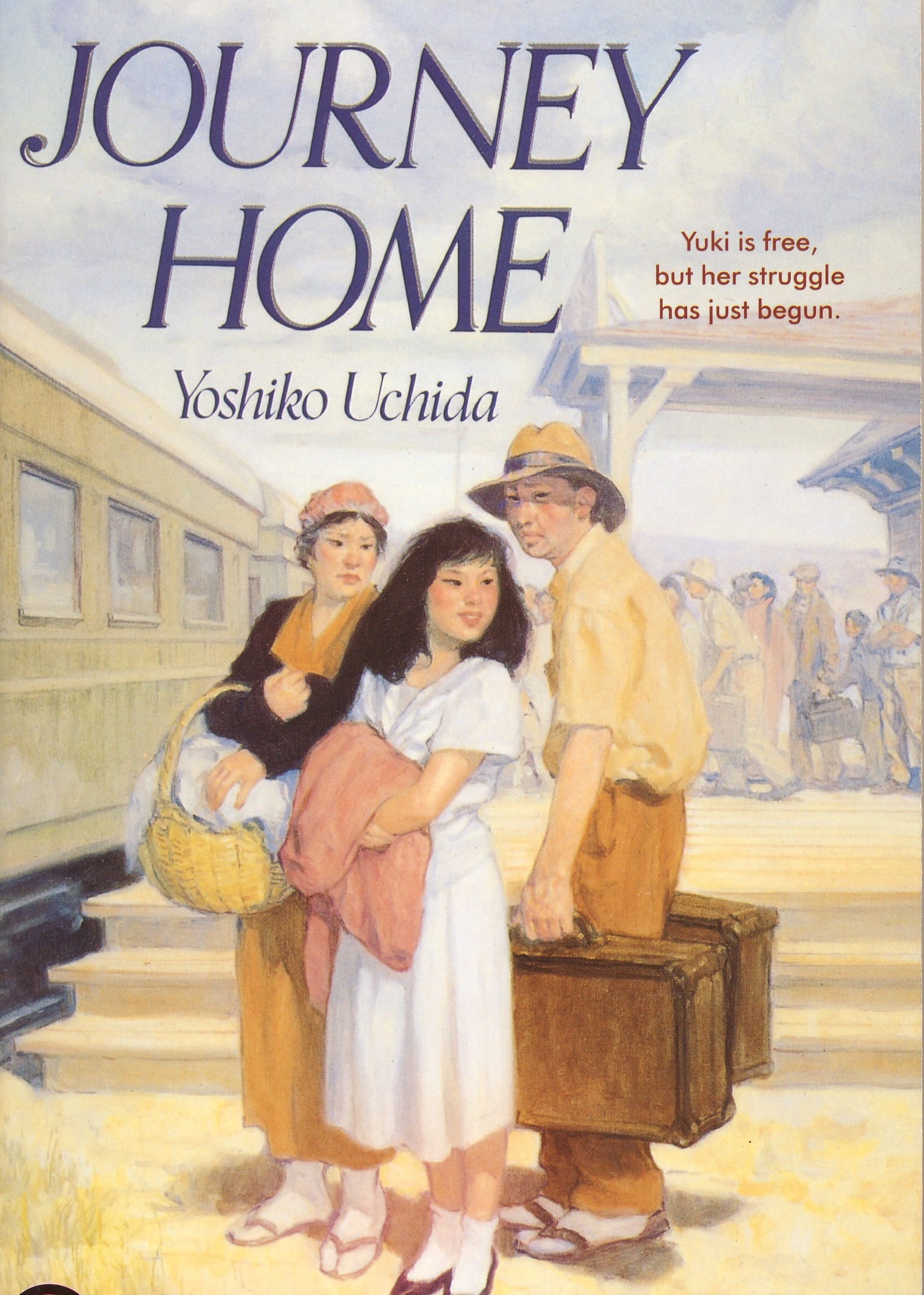 Illustration of people at a train station with luggage, accompanied by the text "Journey Home" and "Yoshiko Uchida."